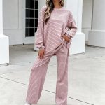 Women's Striped 2 Piece Lounge Set Oversized Crewneck Pullover Sweatshirt Wide Leg Pants Matching Sweatsuit Casual Comfy Fall Outfit  Airport Travel Everyday Trendy Clothes Tracksuit