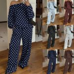 Women's Polka Dot 2 Piece Lounge Set Off The Shoulder Long Sleeve Top Drawstring Wide Leg Pants Matching Sweatsuit Casual Comfy Fall Outfit WFH Cozy Loungewear Slouchy Vintage Aesthetic Everyday Trendy Clothes