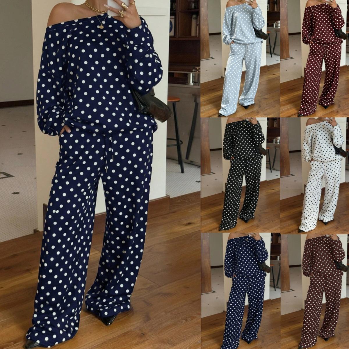 085b67a485764d048970ce7bedec194etplv-fhlh96nyum-origin-jpeg.jpeg Women's Polka Dot 2 Piece Lounge Set Off The Shoulder Long Sleeve Top Drawstring Wide Leg Pants Matching Sweatsuit Casual Comfy Fall Outfit WFH Cozy Loungewear Slouchy Vintage Aesthetic Everyday Trendy Clothes - Image 1