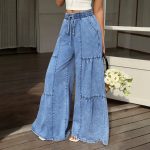 Women's High Waisted Baggy Wide Leg Jeans Tiered Seam Denim Pants Elastic Drawstring Waist Casual Loose Fit Y2K Streetwear Boho Flared Trousers Everyday Trendy Outfit Vintage Aesthetic Fall Fashion Basic Bottoms