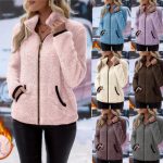 Women's Sherpa Fleece Jacket Full Zip Up Stand Collar Fuzzy Teddy Coat Contrast Trim Pockets Cozy Fall Winter Warm Outerwear Casual Everyday Loungewear Y2K Aesthetic Trendy Basic Clothes 2026