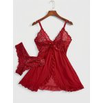 Women's Contrast Lace Ruffle Trim Wrap Cami Nightdress & Bow Front Panty Set, Adjustable Spaghetti Strap Backless Nightgown & Knicker Set, Ladies Nightwear