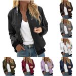 Women's Casual Bomber Jacket Full Zip Up Lightweight Windbreaker Flight Coat with Sleeve Pocket Fall Layering Outerwear Y2K Streetwear Everyday Trendy Outfit Vintage Aesthetic Basic Clothes Tops