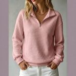 Women's Quilted Textured Half Zip Pullover Sweatshirt Quarter Zip Stand Collar Grid Pattern Casual Fall Layering Cozy Loungewear Clean Girl Aesthetic Everyday Trendy Basic Tops