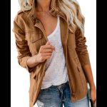Women's Casual Utility Jacket Coat Full Zip Up Stand Collar Flap Pockets Fall Layering Outerwear Everyday Trendy Outfit Vintage Aesthetic Y2K Streetwear Basic Clothes Tops