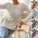 Women's Striped Textured Knit Tunic Top for Leggings Crewneck Long Sleeve Pullover Slim Fit Basic Layering Tee Casual Comfy Fall Outfit WFH Everyday Trendy Clothes Clean Girl Aesthetic Shirts