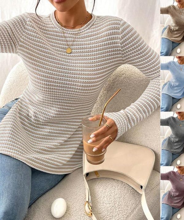 Women's Striped Textured Knit Tunic Top for Leggings Crewneck Long Sleeve Pullover Slim Fit Basic Layering Tee Casual Comfy Fall Outfit WFH Everyday Trendy Clothes Clean Girl Aesthetic Shirts