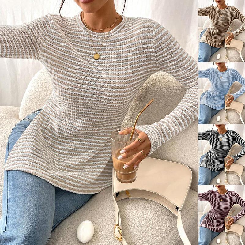 55c7572a79ee44cc9b6800146792615etplv-fhlh96nyum-origin-jpeg.jpeg Women's Striped Textured Knit Tunic Top for Leggings Crewneck Long Sleeve Pullover Slim Fit Basic Layering Tee Casual Comfy Fall Outfit WFH Everyday Trendy Clothes Clean Girl Aesthetic Shirts - Image 1