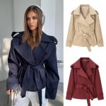 Women's Cropped Trench Coat Belted Short Jacket Wide Lapel Wrap Tie Waist Long Sleeve Fall Layering Outerwear Casual Office Work Everyday Trendy Outfit Old Money Aesthetic Chic Elegant Basic Clothes Tops
