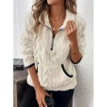Women's Half Zip Sherpa Fleece Pullover Textured Fuzzy Teddy Sweatshirt Contrast Trim Kangaroo Pocket Stand Collar Cozy Fall Winter Warm Casual Loungewear Y2K Aesthetic Trendy Basic Everyday Clothes