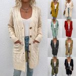 Women's Cable Knit Long Cardigan Sweater V Neck Button Down Chunky Knitwear with Pockets Cozy Fall Winter Warm Layering Outerwear Casual Slouchy Everyday Outfit Y2K Aesthetic Trendy Basic Coat