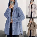 Women's Sherpa Fleece Hooded Cardigan Button Down Ribbed Textured Teddy Coat Side Slit Buttons Cozy Fall Winter Warm Outerwear Casual Loungewear Y2K Aesthetic Trendy Everyday Clothes Mid-Length Jacket