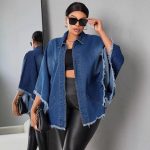Women's Oversized Denim Cape Jacket Batwing Sleeve Full Zip Up Frayed Raw Edge Poncho Coat Casual Loose Fit Fall Layering Outerwear Y2K Streetwear Edgy Vintage Aesthetic Everyday Trendy Clothes Tops