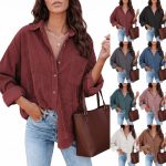 Women's Corduroy Lightweight Button Collared Blouse Shirt With Pocket, Long Sleeve Loose Fit Oversize Drop Shoulder Casual Everyday Style For Spring & Fall
