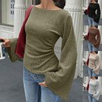 Women's Ribbed Knit Boat Neck Long Sleeve Top Ruched Waist Bell Flare Sleeve Slim Fit Layering Tee Casual Elegant Fall Transition Outfit Office Work Going Out Parisian Chic Aesthetic Trendy Basic Clothes