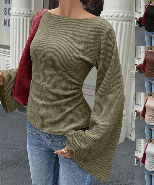 Women's Ribbed Knit Boat Neck Long Sleeve Top Ruched Waist Bell Flare Sleeve Slim Fit Layering Tee Casual Elegant Fall Transition Outfit Office Work Going Out Parisian Chic Aesthetic Trendy Basic Clothes