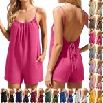 Casual Summer Sleeveless Romper Women Loose Fit Cami Short Jumpsuit with Pockets Solid Color Backless Tie Up Spaghetti Strap Flowy Playsuit Comfortable One Piece Outfit Lounge Everyday Wear Beach Vacation Boho Holiday Cute Shorts Set Ladies Clothing