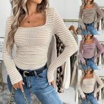 Women's Striped Square Neck Long Sleeve T-Shirt Ribbed Knit Slim Fit Basic Layering Tee Pullover Top Casual Elegant Fall Transition Outfit Office Work WFH Everyday Trendy Parisian Chic Aesthetic Classic Basic Clothes