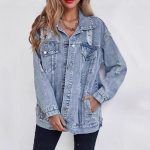 Women's Oversized Distressed Denim Jacket Casual Button Down Ripped Jean Shacket Long Sleeve Fall Layering Outerwear Boyfriend Coat Y2K Streetwear Vintage Aesthetic Everyday Trendy Clothes Basic Light Blue Tops