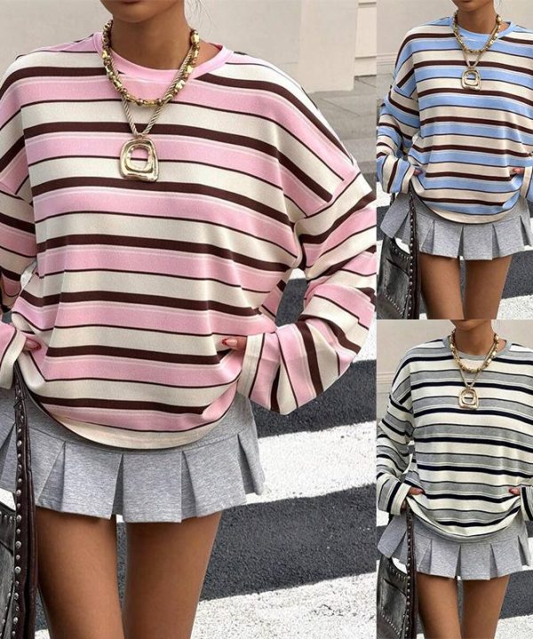 Women's Y2K Striped Oversized Sweatshirt Crewneck Long Sleeve Pullover Color Block Casual Comfy Fall Transition Outfit Slouchy Everyday Trendy Basic Clothes Preppy Aesthetic Streetwear Tops