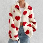 Women's Heart Pattern Sherpa Fleece Jacket Full Zip Up Stand Collar Fuzzy Teddy Coat Cute Coquette Y2K Aesthetic Cozy Fall Winter Warm Outerwear Casual Everyday Loungewear Sweet Kawaii Trendy Basic Clothes