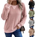Women's Waffle Knit Pullover Top Crewneck V-Notch Long Sleeve Sweatshirt Ribbed Trim Casual Comfy Fall Transition Outfit WFH Cozy Loungewear Slouchy Everyday Trendy Basic Layering Clothes Clean Girl Aesthetic Tops
