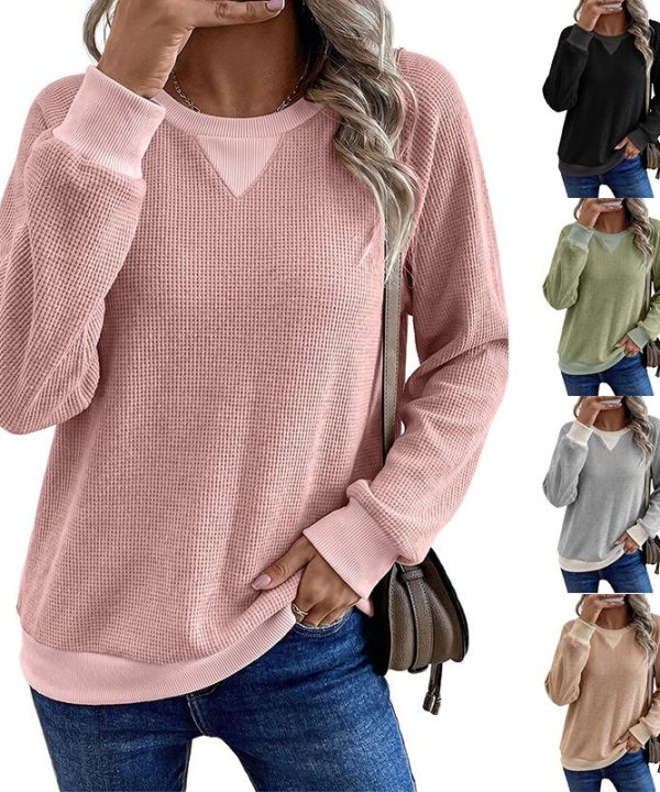 Women's Waffle Knit Pullover Top Crewneck V-Notch Long Sleeve Sweatshirt Ribbed Trim Casual Comfy Fall Transition Outfit WFH Cozy Loungewear Slouchy Everyday Trendy Basic Layering Clothes Clean Girl Aesthetic Tops